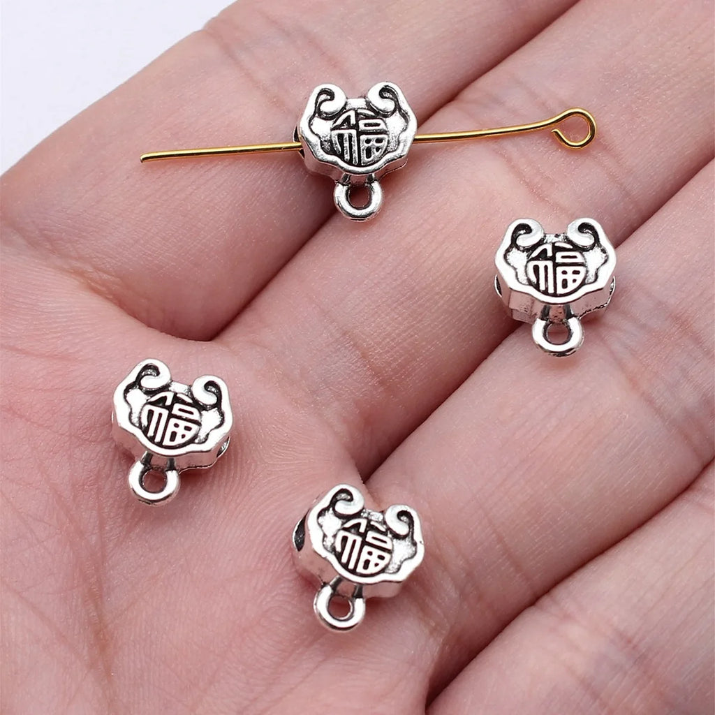10.8x9.3x5.7mm 1.3g Antique Silver Zinc Alloy Double Sided Fu Character Lock Three Hole Connector Bead for DIY Jewelry