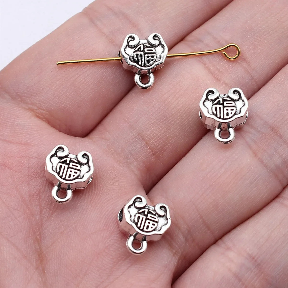 10.8x9.3x5.7mm 1.3g Antique Silver Zinc Alloy Double Sided Fu Character Lock Three Hole Connector Bead for DIY Jewelry