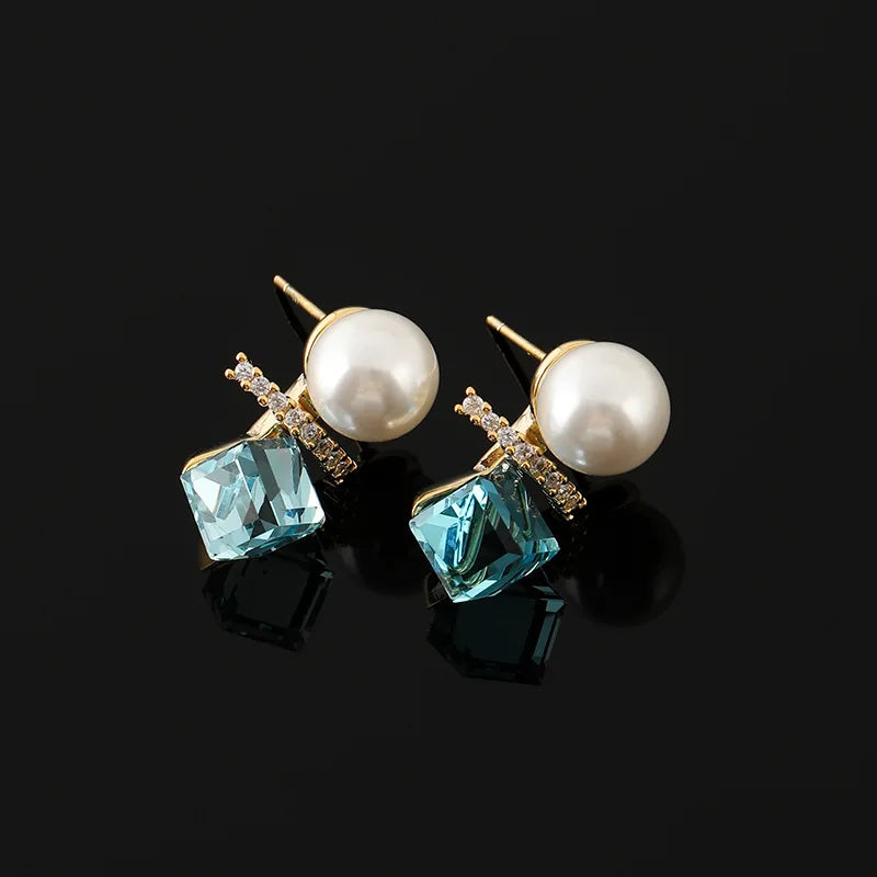 Elegant Spiral Pearl Aqua Crystal Cube Rhinestone Stud & Clip On No Piercing Earrings