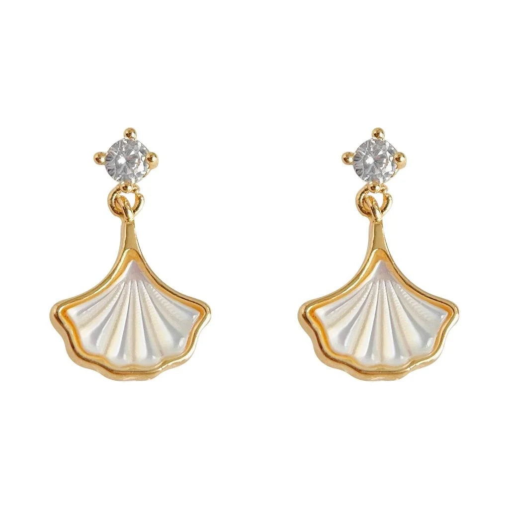 Light Luxury 14K Silver Plated Copper Real Shell Ginkgo Leaf Zircon Micro Pave Drop Earrings