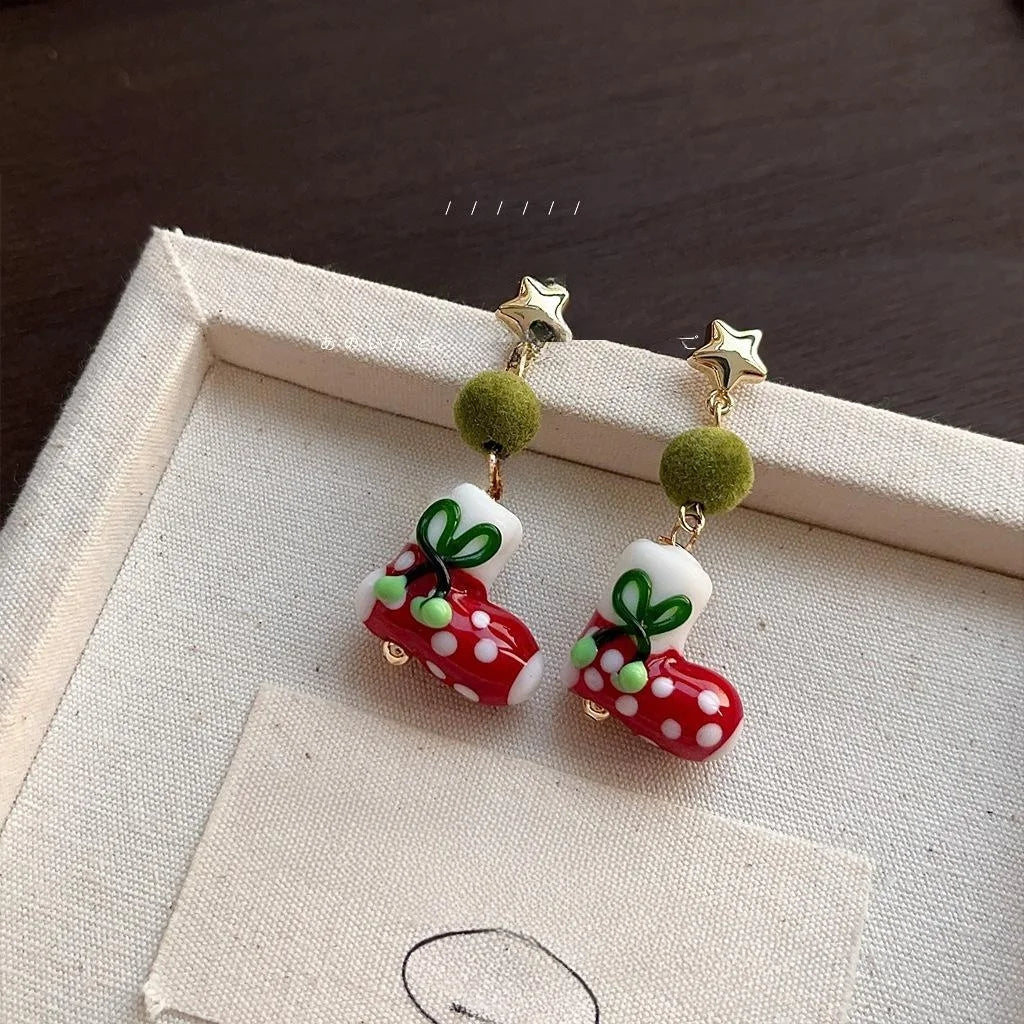 Original Design Handmade Christmas Glass Glaze Copper Stocking Drop Earrings
