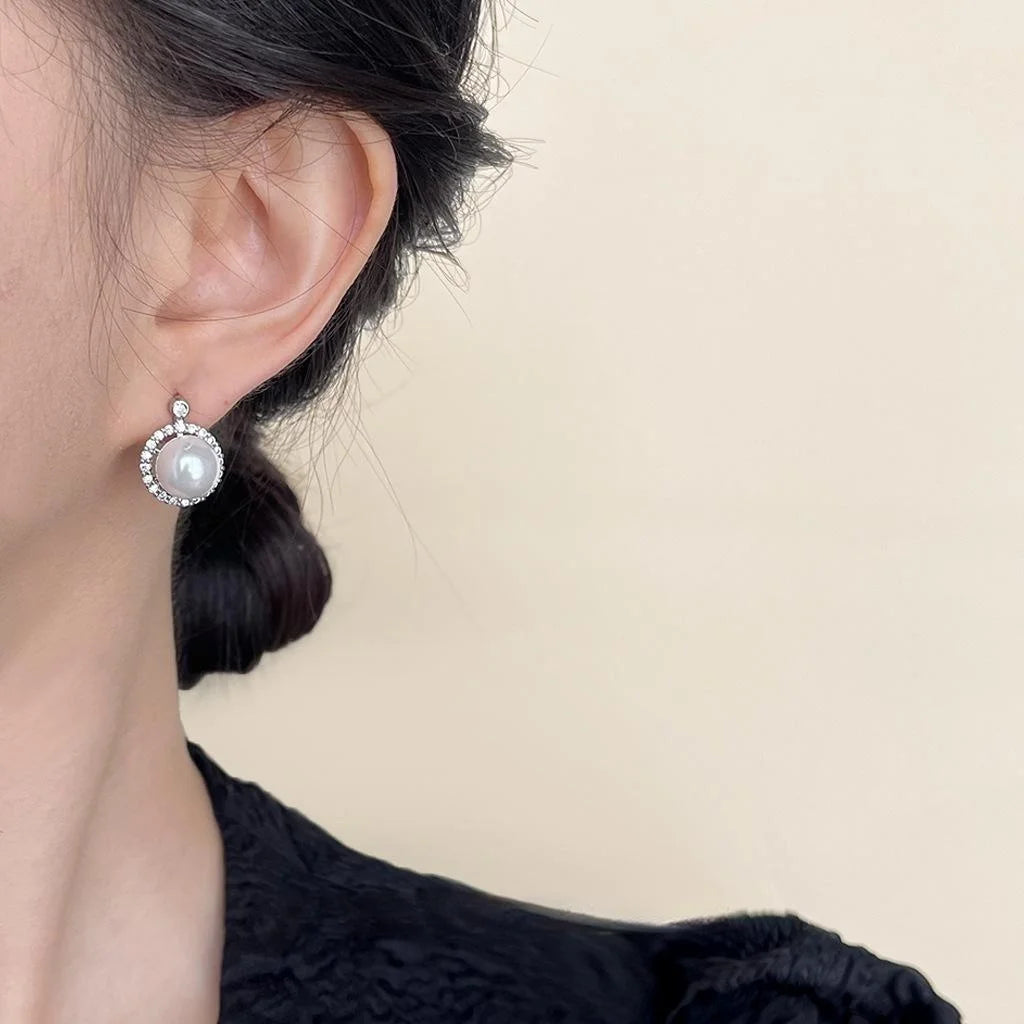 Micro Pave Zircon Glass Pearl Stud Earrings Copper Geometric Round Minimalist Office Jewelry
