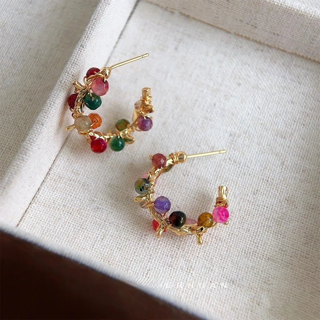 14K Gold Plated Agate Geometric Floral Wreath Drop Earrings Handmade Forest Fairy Style Summer Jewelry