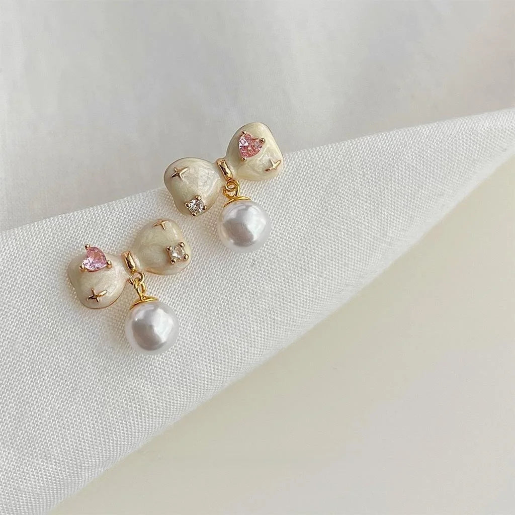 14K Gold Plated Copper Bow Stud Earrings With Micro Pave Zircon Handmade Enamel Korean Sweet Style