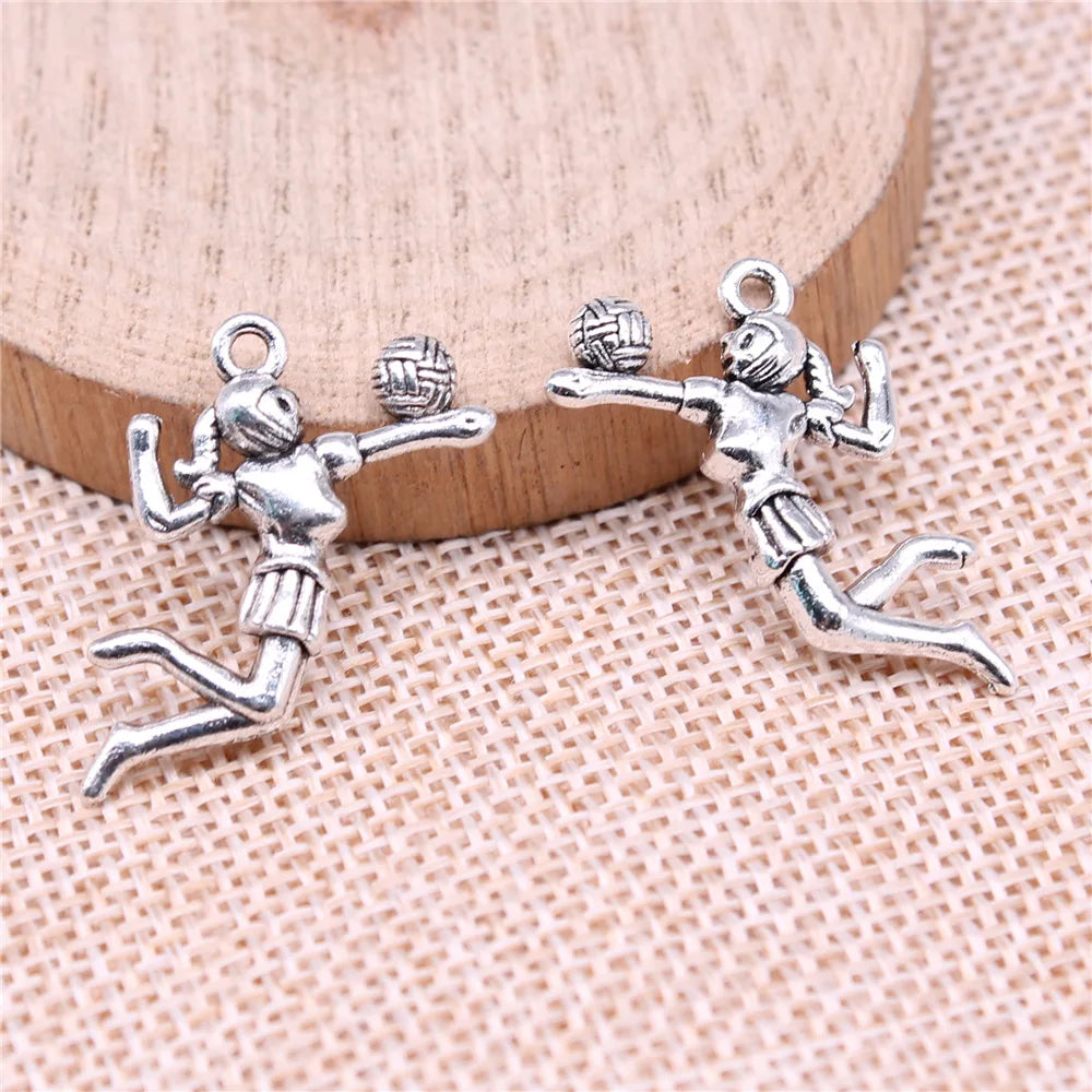 24x26mm 2.5g Antique Silver Zinc Alloy Volleyball Player Charm Pendant for DIY Sports Jewelry Making