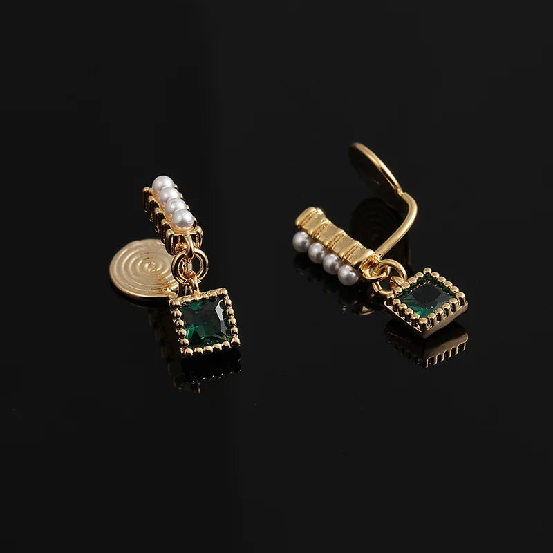Elegant Gold Alloy Spiral Pearl Square Emerald Zircon Drop Stud & Clip On No Piercing Earrings