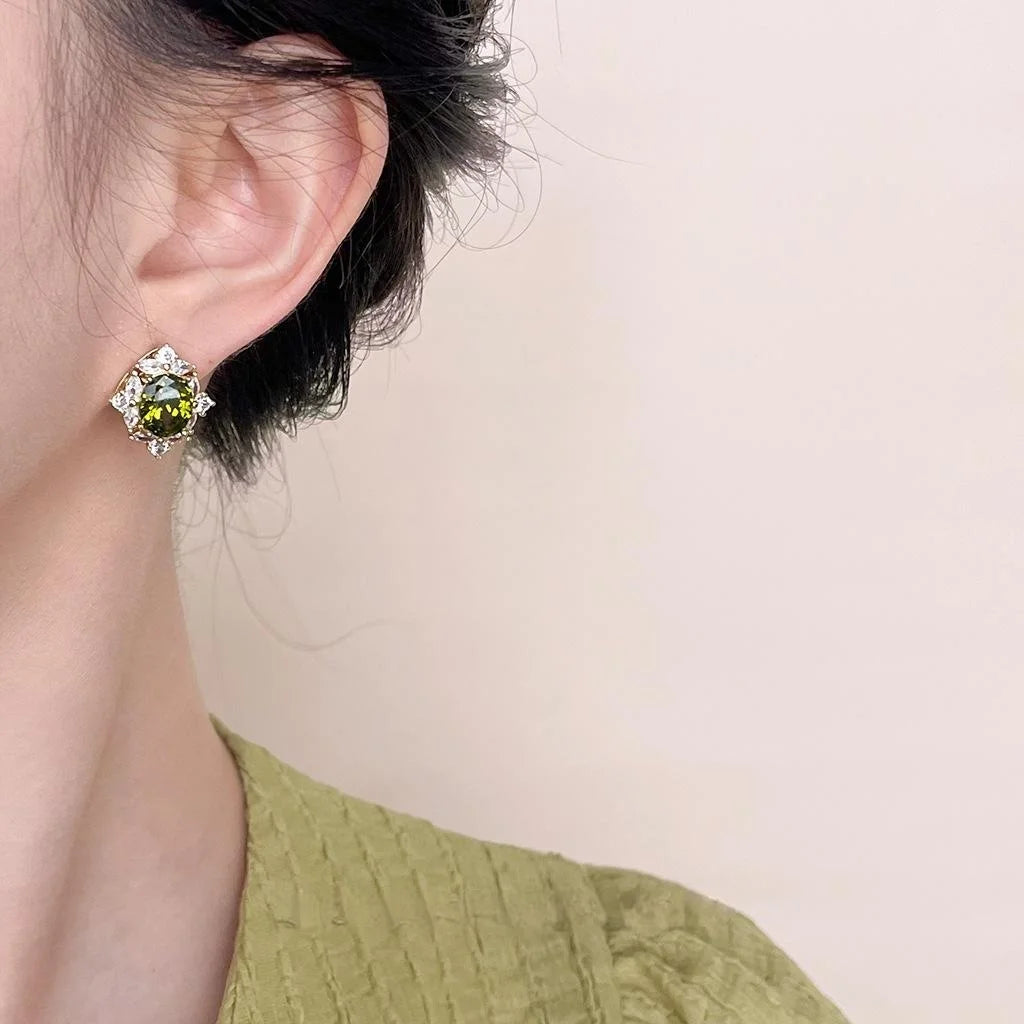 14K Gold Plated Copper Oval Green Zircon Stud Earrings French Vintage Minimalist Jewelry
