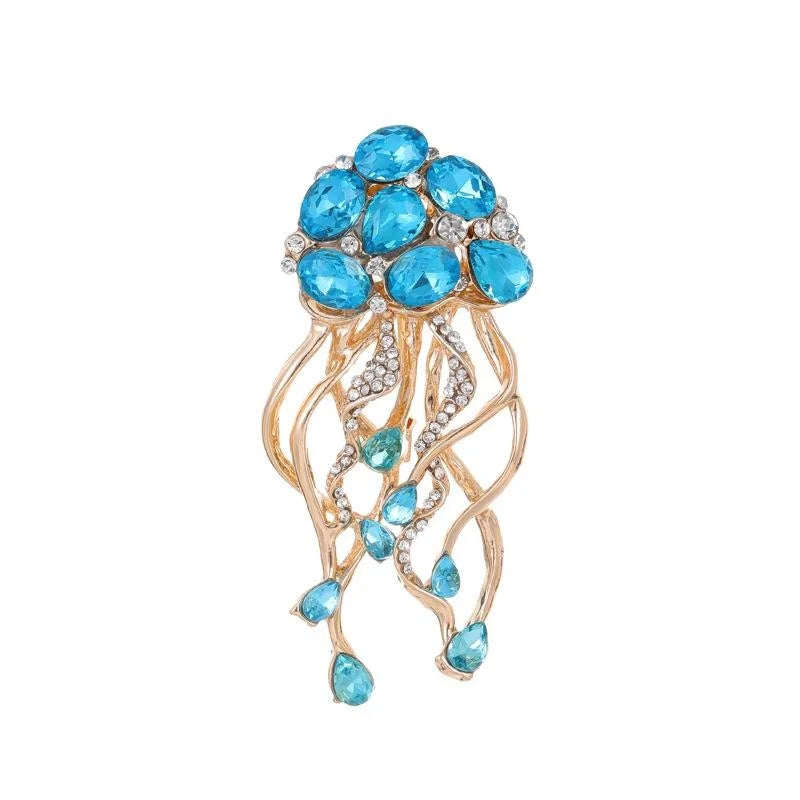 Elegant Blue Rhinestone Jellyfish Brooch, Gold Tone Alloy Ocean Animal Lapel Pin Corsage Gift