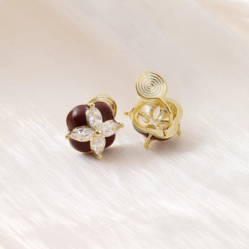 Vintage Red Enamel Flower Zircon Swirl Stud & Clip On No Piercing Luxury Women Earrings