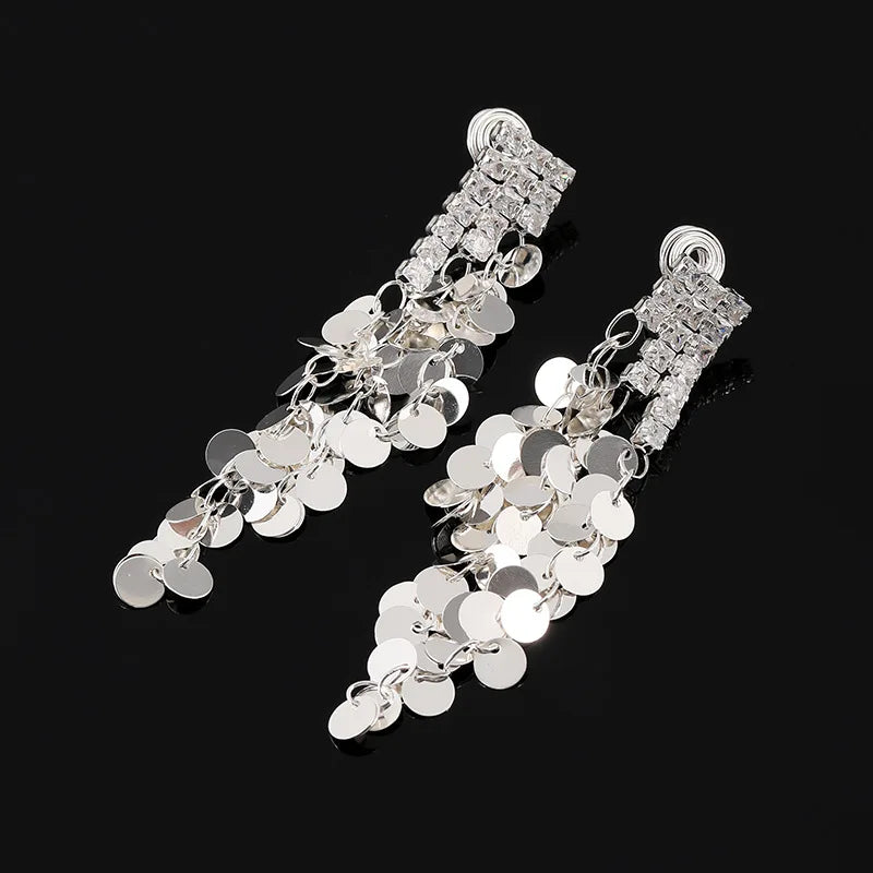 Elegant Luxury Silver Alloy Rhinestone Sequin Long Tassel Stud & Clip On No Piercing Dangle Earrings