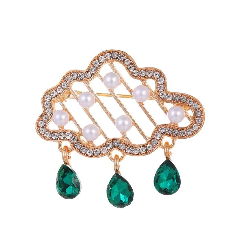 Vintage Cloud Flower Brooch With Rhinestone Faux Pearl And Emerald Crystal Drops, Elegant Lapel Pin Gift