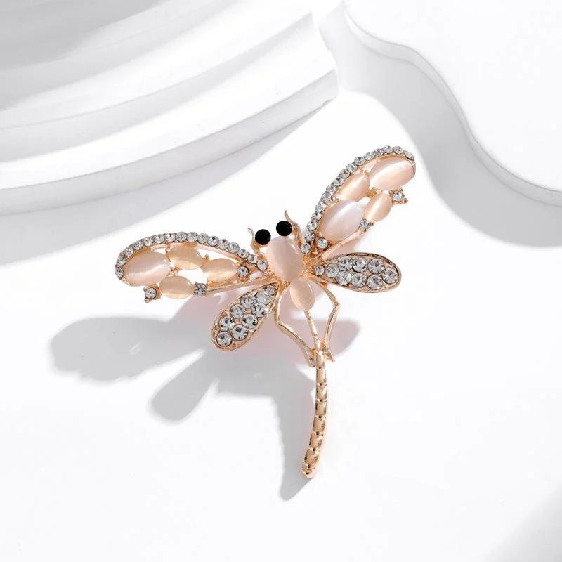 Elegant Rhinestone Dragonfly Brooch With Peach Stone Wings, Alloy Lapel Pin Corsage Suit Accessory