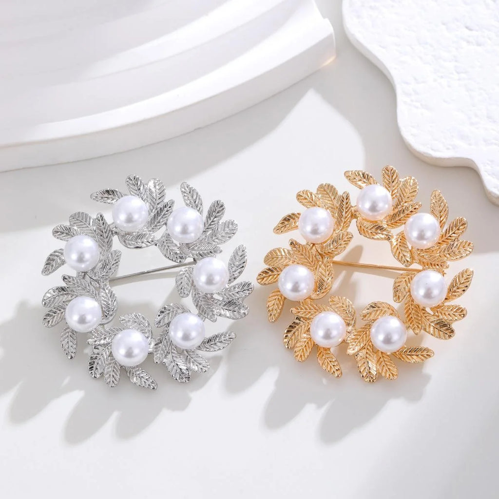 Elegant Gold Alloy Leaf Wreath Brooch With Faux Pearl Accents, Women's Lapel Pin Suit Accessory Gift