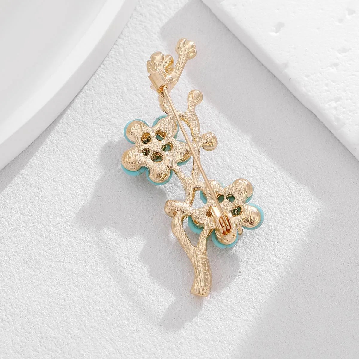 Elegant Turquoise Enamel Plum Blossom Branch Brooch With Rhinestones, Gold Alloy Lapel Pin Suit Accessory