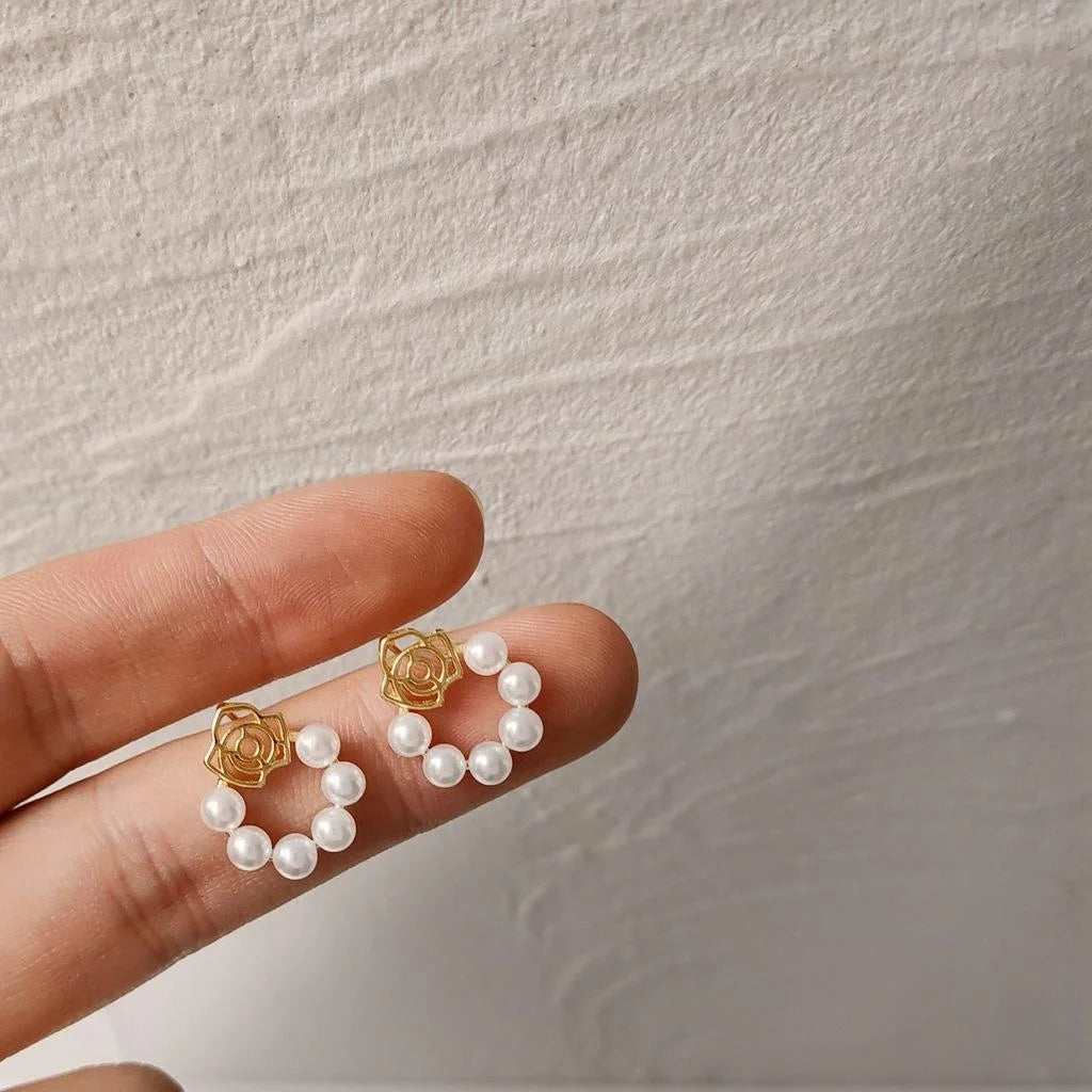 14K Gold Plated Copper 3D Hollow Rose Pearl Stud Earrings For Women Japanese Korean Style