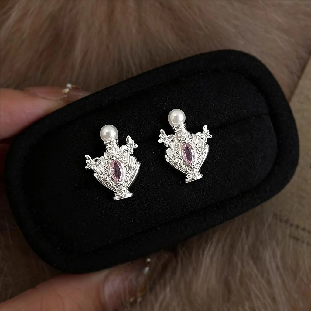 Fashion Copper Zircon Perfume Bottle Stud Earrings Micro Pave Geometric Butterfly Design