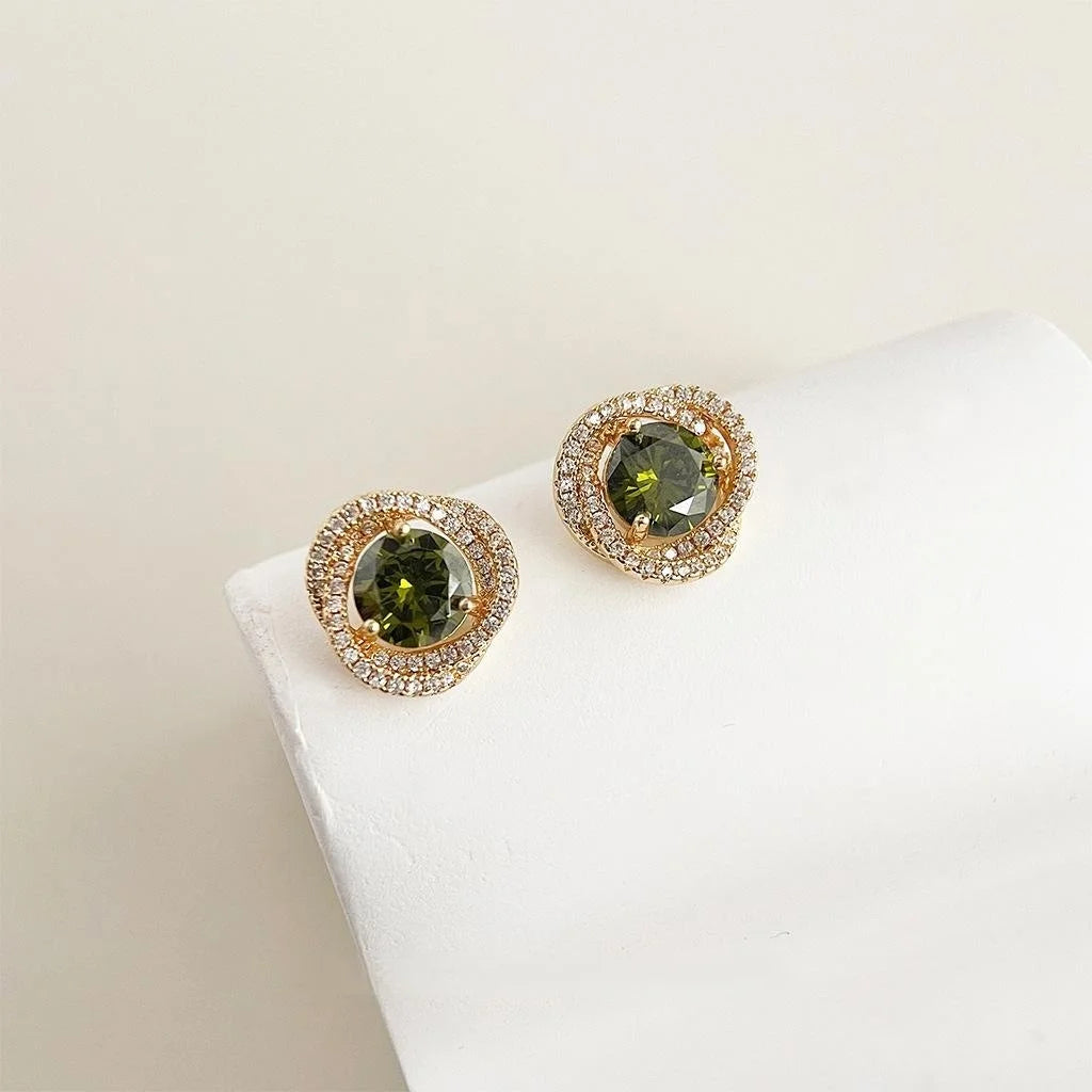 French Vintage Olive Green Micro Pave Zircon Stud Earrings Round Geometric Woven Design