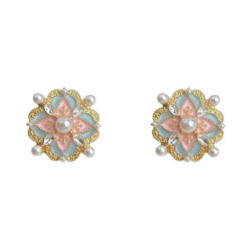 Artistic Vintage New Chinese Enamel Glazed Flower Copper Stud Earrings For Women