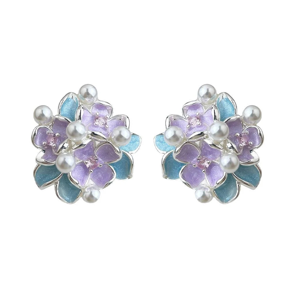 Fresh Sweet Floral Enamel Drip Glaze High Luster Pearl Zircon Micro Pave Stud Earrings