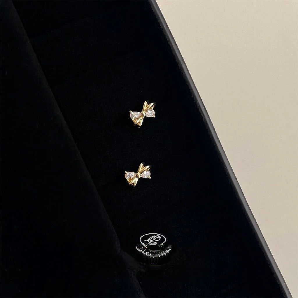Mini 14K Gold Plated Copper Micro Pave Cubic Zirconia Bow Stud Earrings For Daily Wear