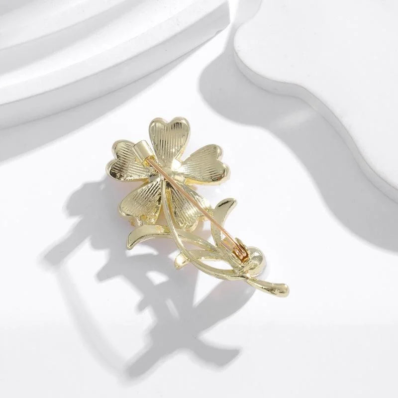 Elegant Enamel Flower Brooch With Rhinestone Leaves And Pearl, Gold Alloy Lapel Pin Corsage Suit Accessory