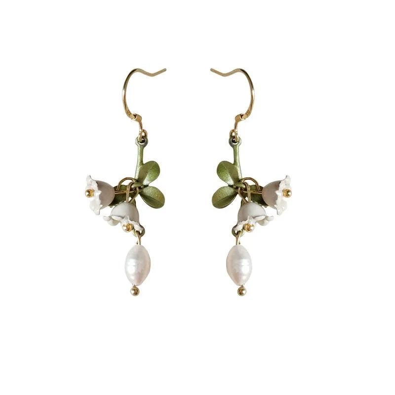 Handmade Lily Of The Valley Freshwater Pearl Green Enamel Tassel Drop Earrings
