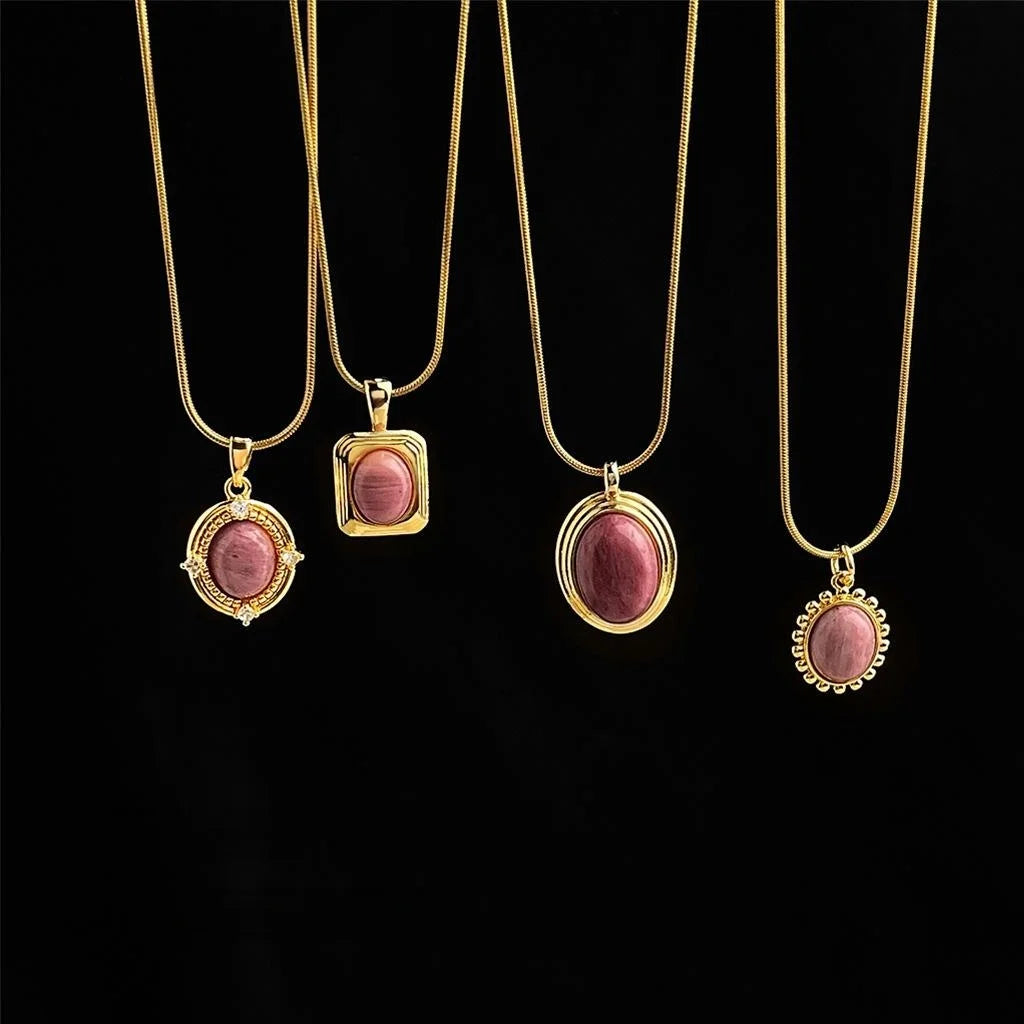 18K Gold Plated 304 Stainless Steel Red Wood Grain Natural Stone Geometric Necklace For Women