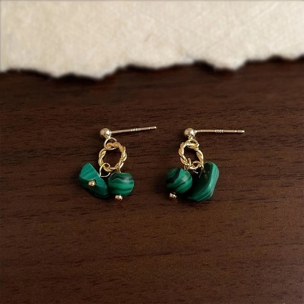 Handmade Vintage Chinese Style Synthetic Malachite Round Geometric Drop Earrings For Women