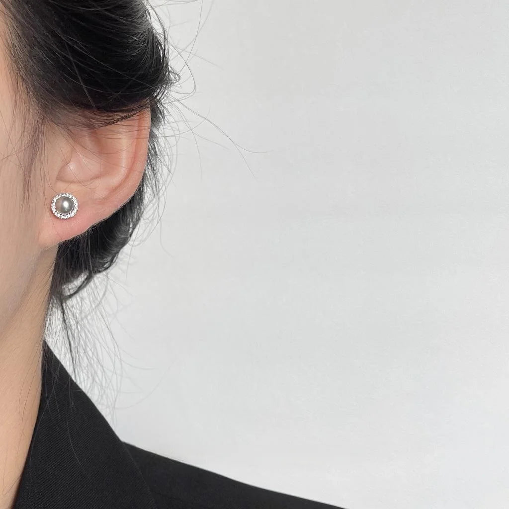 Light Luxury Gray Glass Pearl Stud Earrings With Micro Pave Zircon Copper Round Jewelry