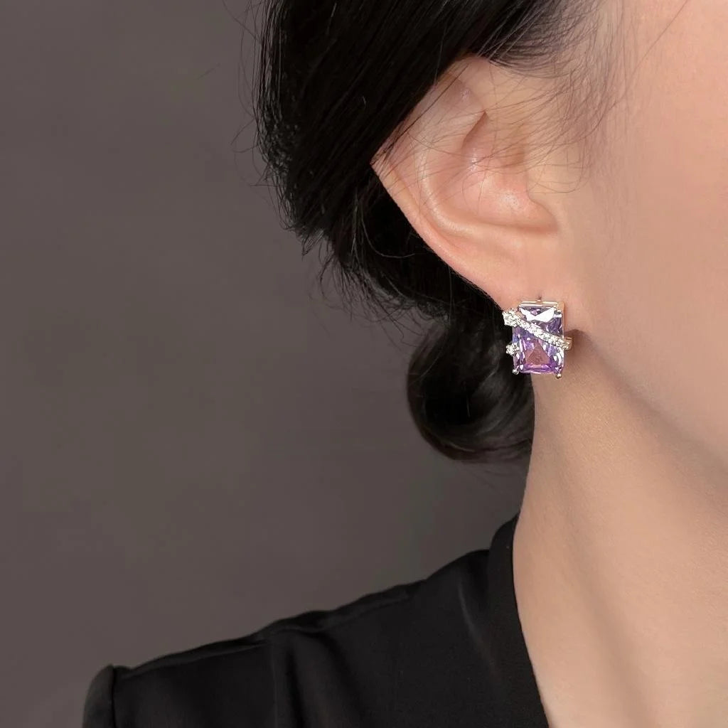 Sparkling Rectangular Purple Zircon Copper Stud Earrings Light Luxury