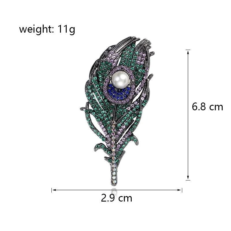 Vintage Peacock Feather Eye Brooch With Pearl And Green Rhinestones, Luxury Lapel Pin Suit Accessory