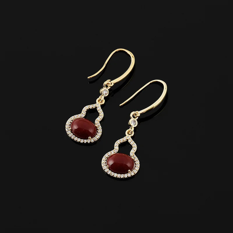 Vintage Red Gourd Zircon Drop Stud & Clip On No Piercing New Chinese Style Luxury Earrings