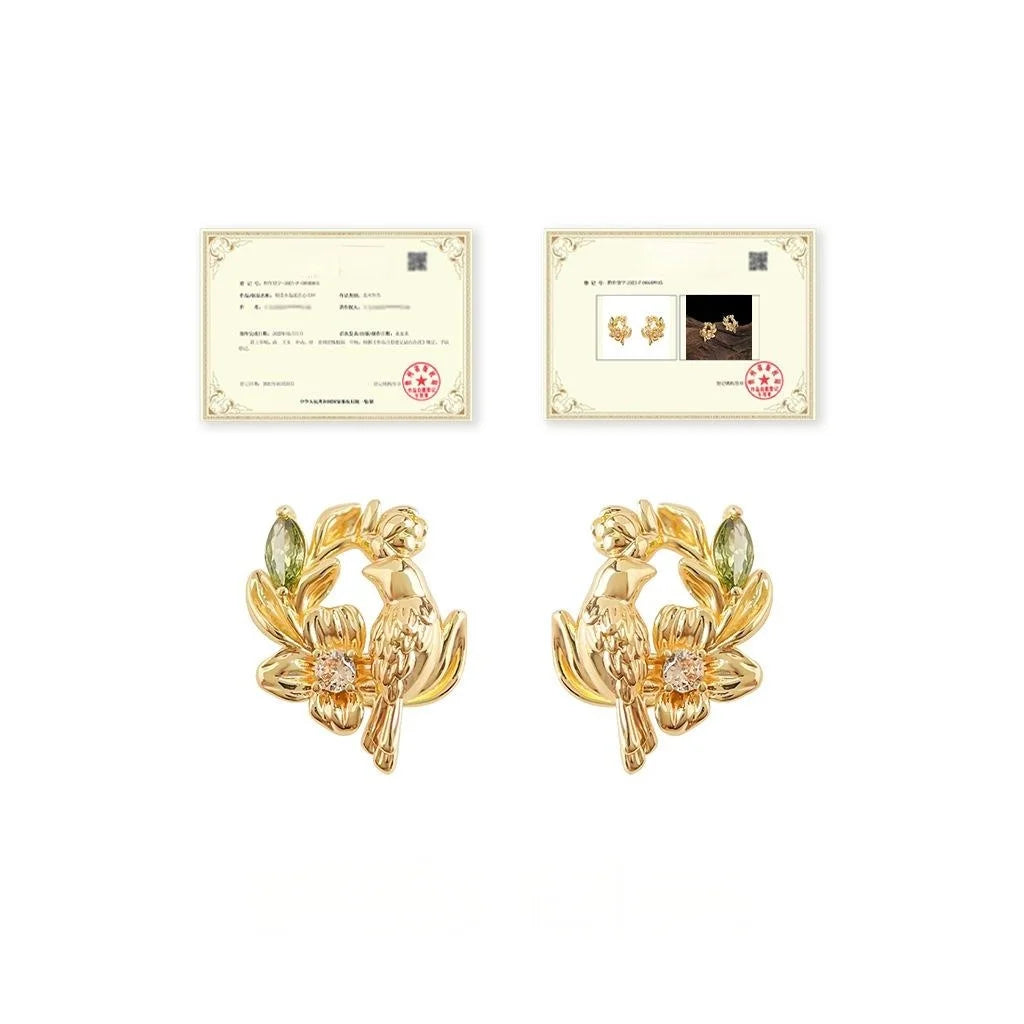 Light Luxury Copper Zircon Flower Wreath Bird Stud Earrings