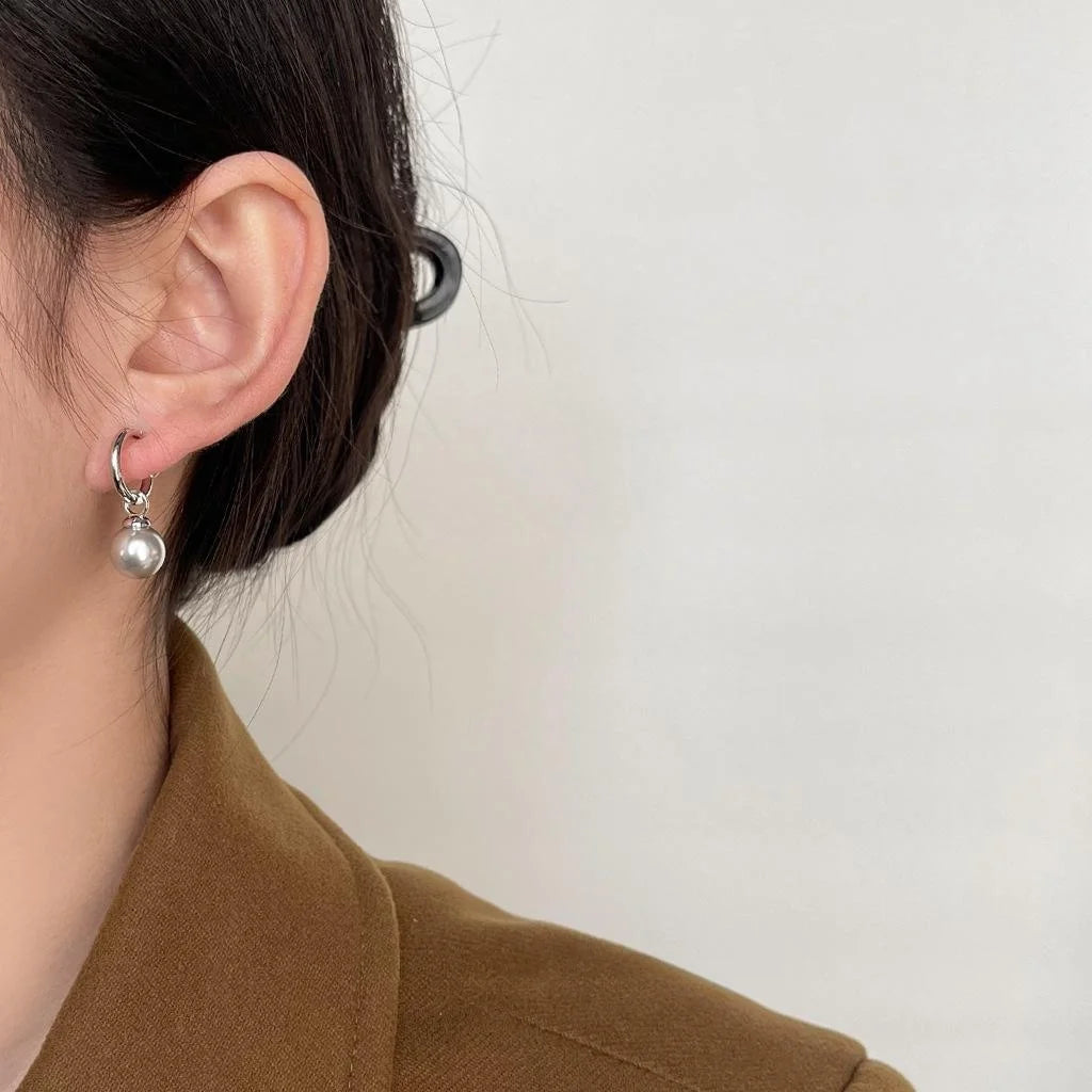 Minimalist Luxury Gray Glass Pearl Drop Earrings Copper Geometric Round Commuter Jewelry