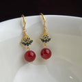 New Chinese Retro Enamel Painted Lotus Red Agate Geometric Drop Earrings