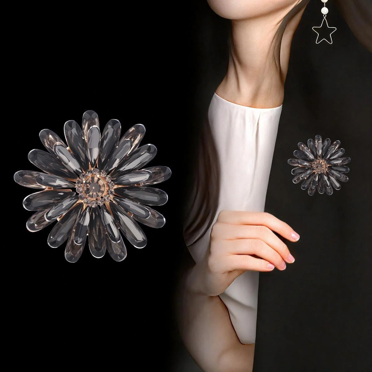Elegant Double Layer Sunflower Rhinestone Brooch, Smoky Crystal Flower Lapel Pin Corsage Suit Accessory
