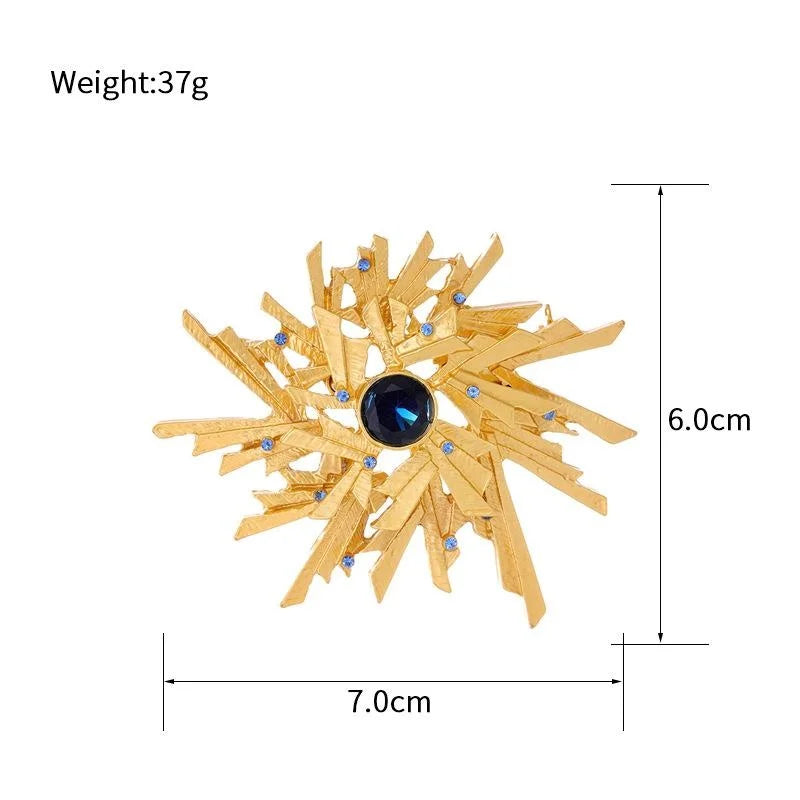 Vintage Gold Snowflake Starburst Brooch With Blue Rhinestones, Elegant Lapel Pin Suit Accessory Gift