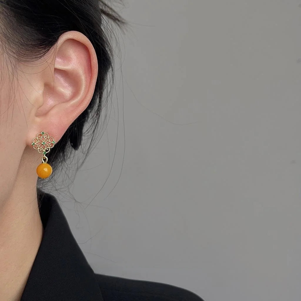 French Vintage Geometric Round Faux Amber Copper 14K Plated Stud Earrings For Women