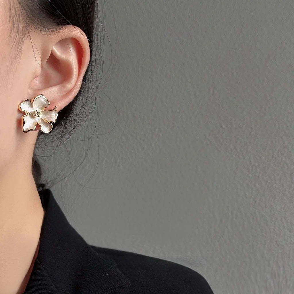 Sweet Gardenia Flower Stud Earrings 14K Electroplated Copper Enamel Elegant Jewelry