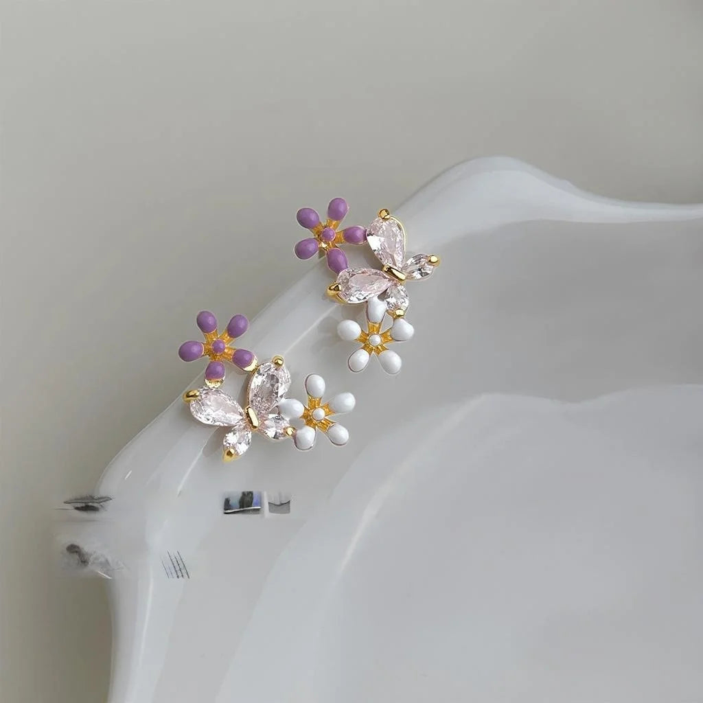 14K Plated Eco Copper Zircon Flower Enamel Stud Earrings Sweet Minimalist Forest Style