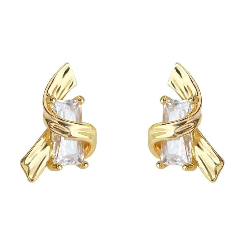 14K Plated Copper Micro Pave Zircon Ribbon Geometric Stud Earrings