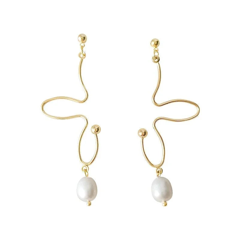 Freshwater Pearl 14K Plated Abstract Butterfly Stud Earrings Minimalist Copper Jewelry