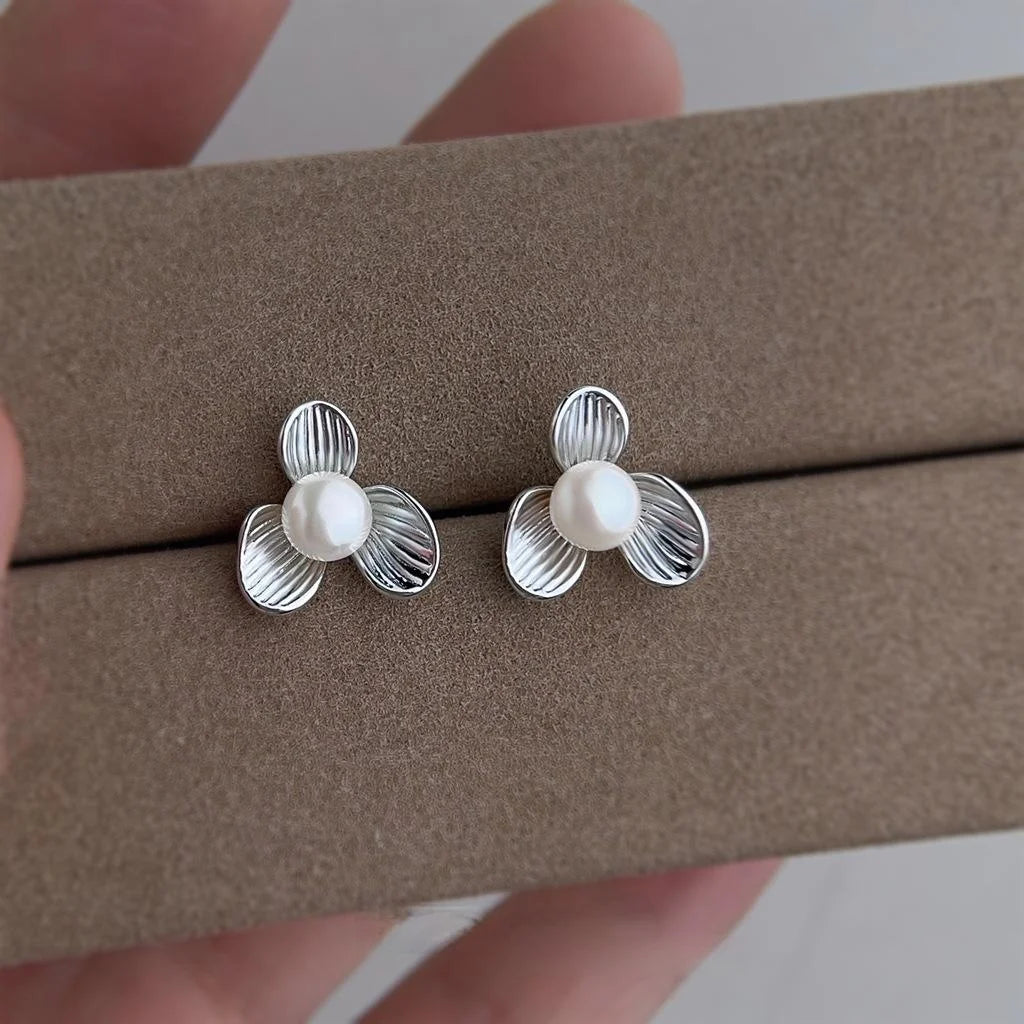 French Vintage Freshwater Pearl Flower Stud Earrings Copper Textured Petal Minimalist Jewelry