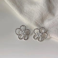 Sweet Cool Hollow Flower Pearl Stud Earrings Silver Plated Metal Floral Jewelry