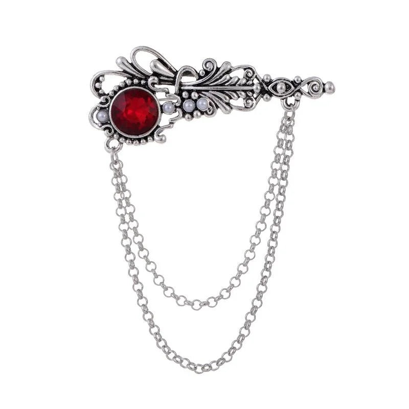 Vintage Alloy Safety Pin Brooch With Red Rhinestone And Chain Tassel, Elegant Lapel Pin Suit Accessory