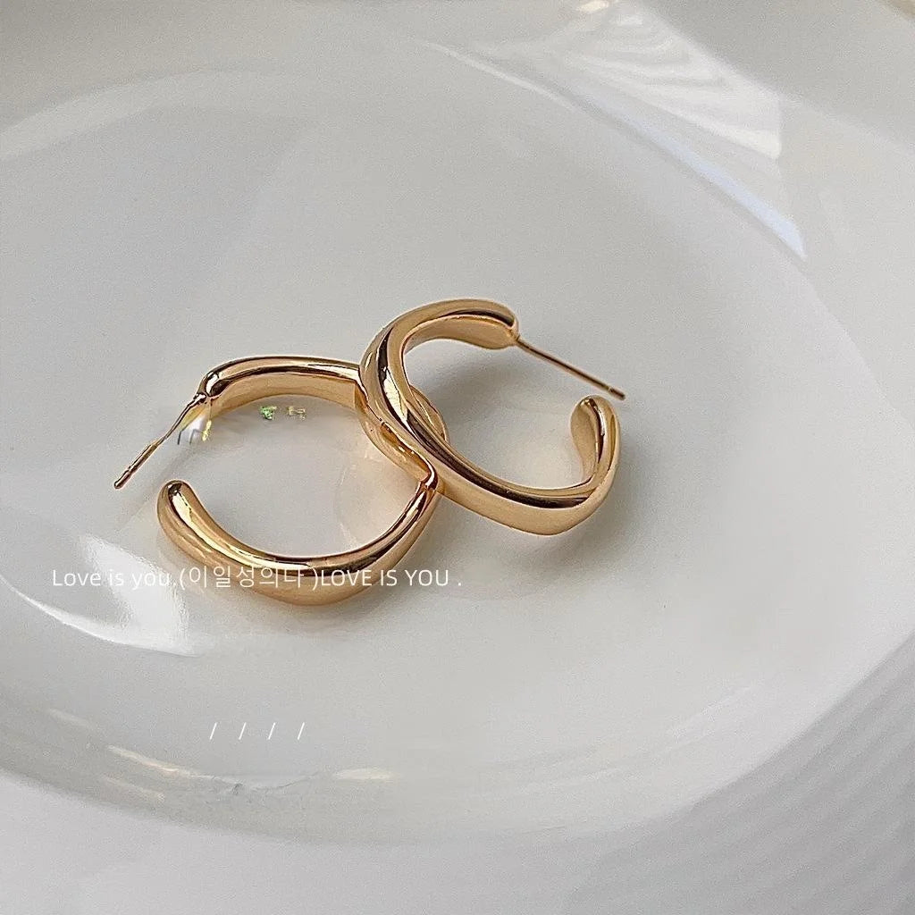 Minimalist Irregular Geometric Copper Drop Earrings, French Glossy Metal Style