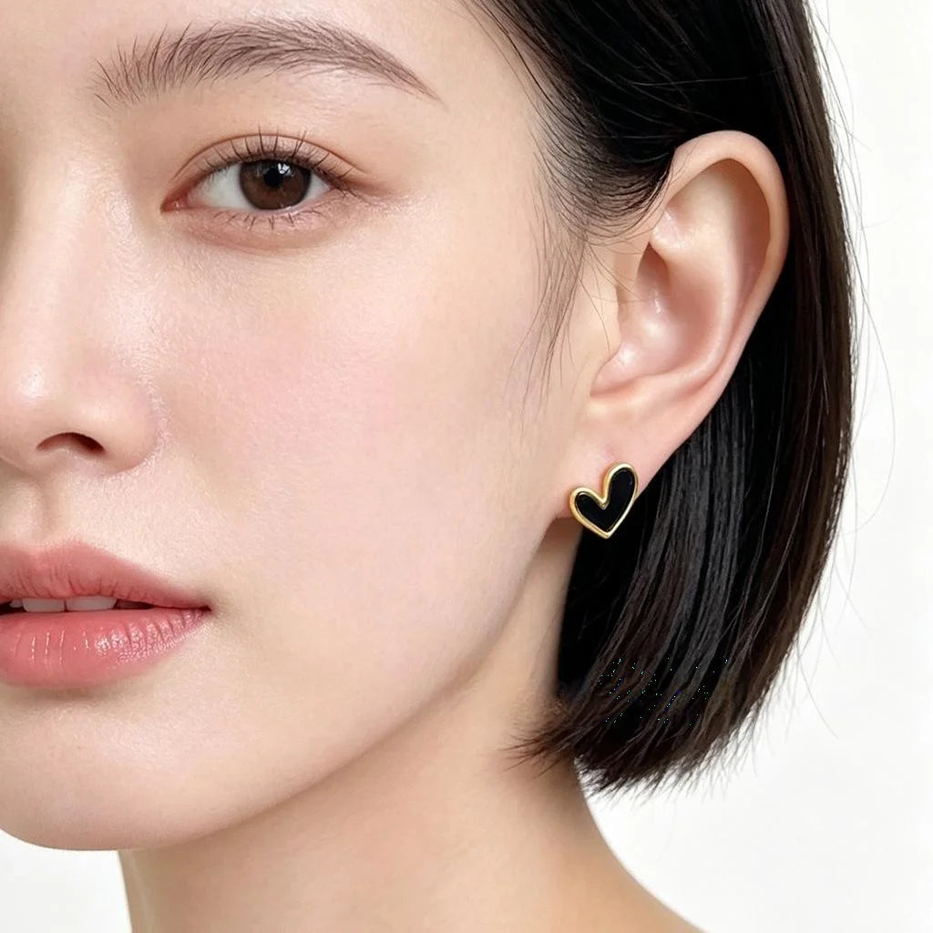 Korean Minimalist 14K Plated Copper Heart Stud Earrings Black White Fashion Jewelry