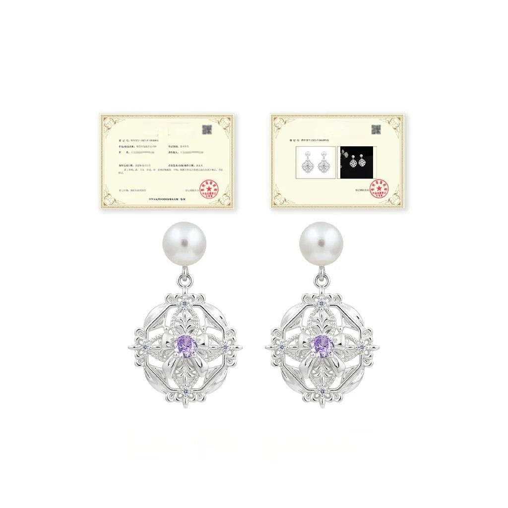 French Vintage Iris Floral Zircon Eco-Friendly Copper Geometric Drop Earrings for Women