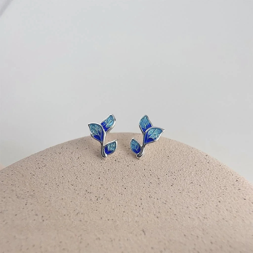 Copper Leaf Stud Earrings For Women, Simple New Chinese Cloisonne Color Commuter Jewelry