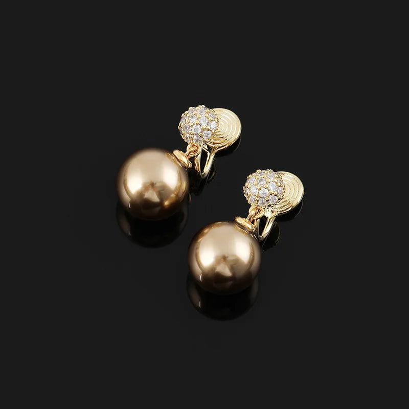 Elegant Brown Pearl Drop Zircon Spiral Stud & Clip On No Piercing Luxury Fashion Earrings